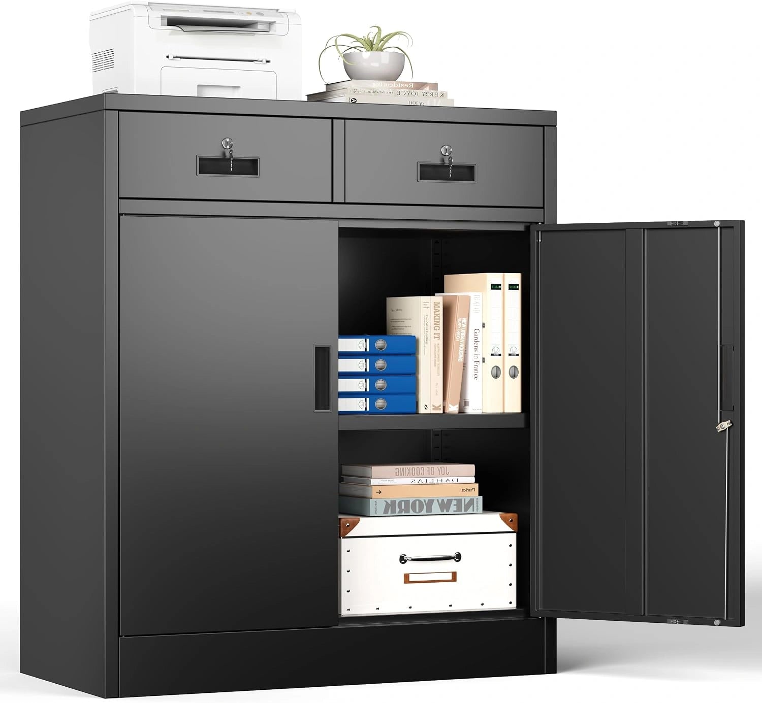 Armoire de Rangement Métal Noir 90x80x40 cm, Verrouillable à 2 Portes bureau, Armoire de bureau avec 2 portes, armoire de rangement en acier, garage