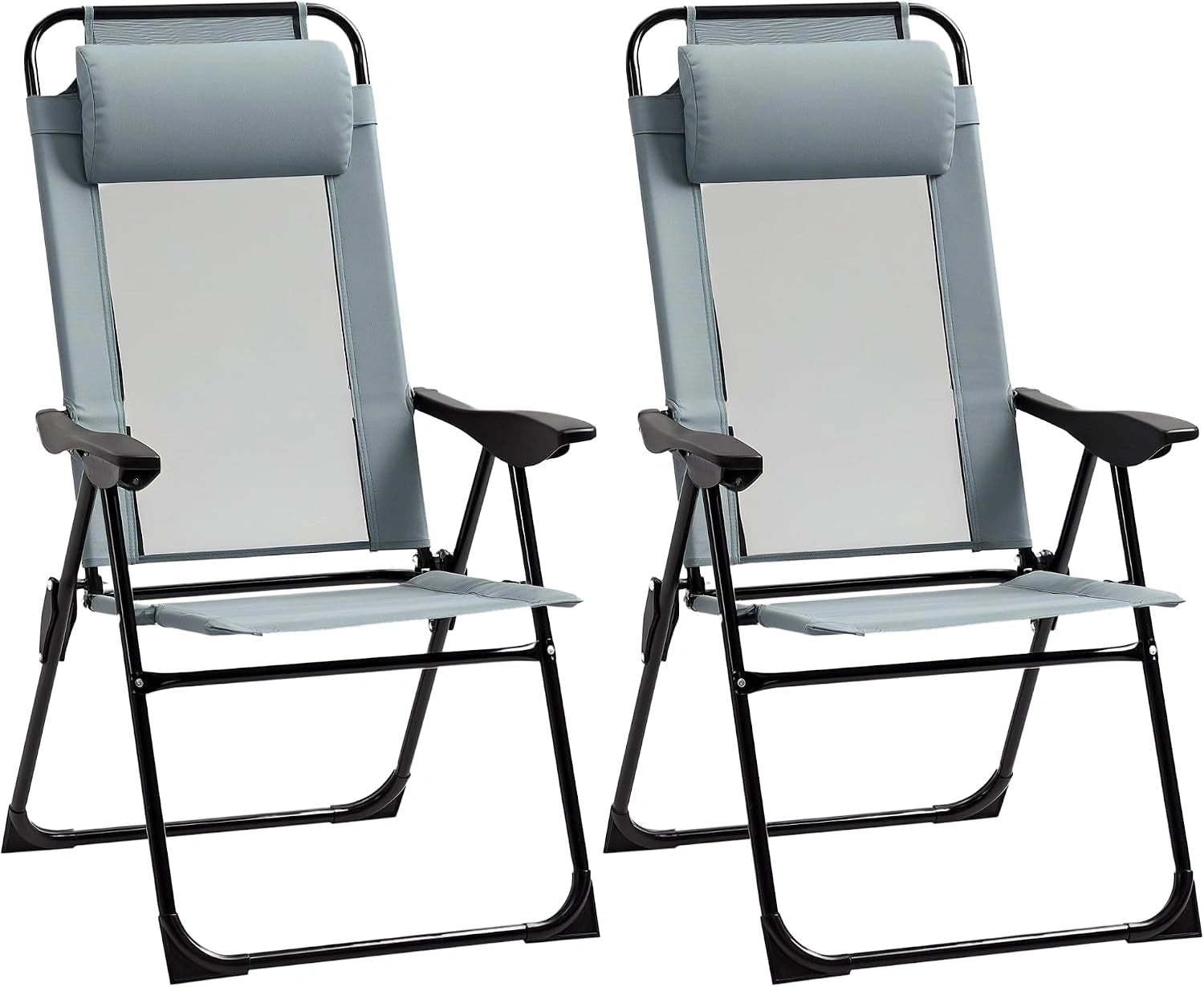 Outsunny Lot de 2 Chaises de Jardin Dossier Réglable 5 Positions Gris, Set de 2 Chaises Pliantes, Oreiller Amovible Fourni, Tissu Oxford Textilène