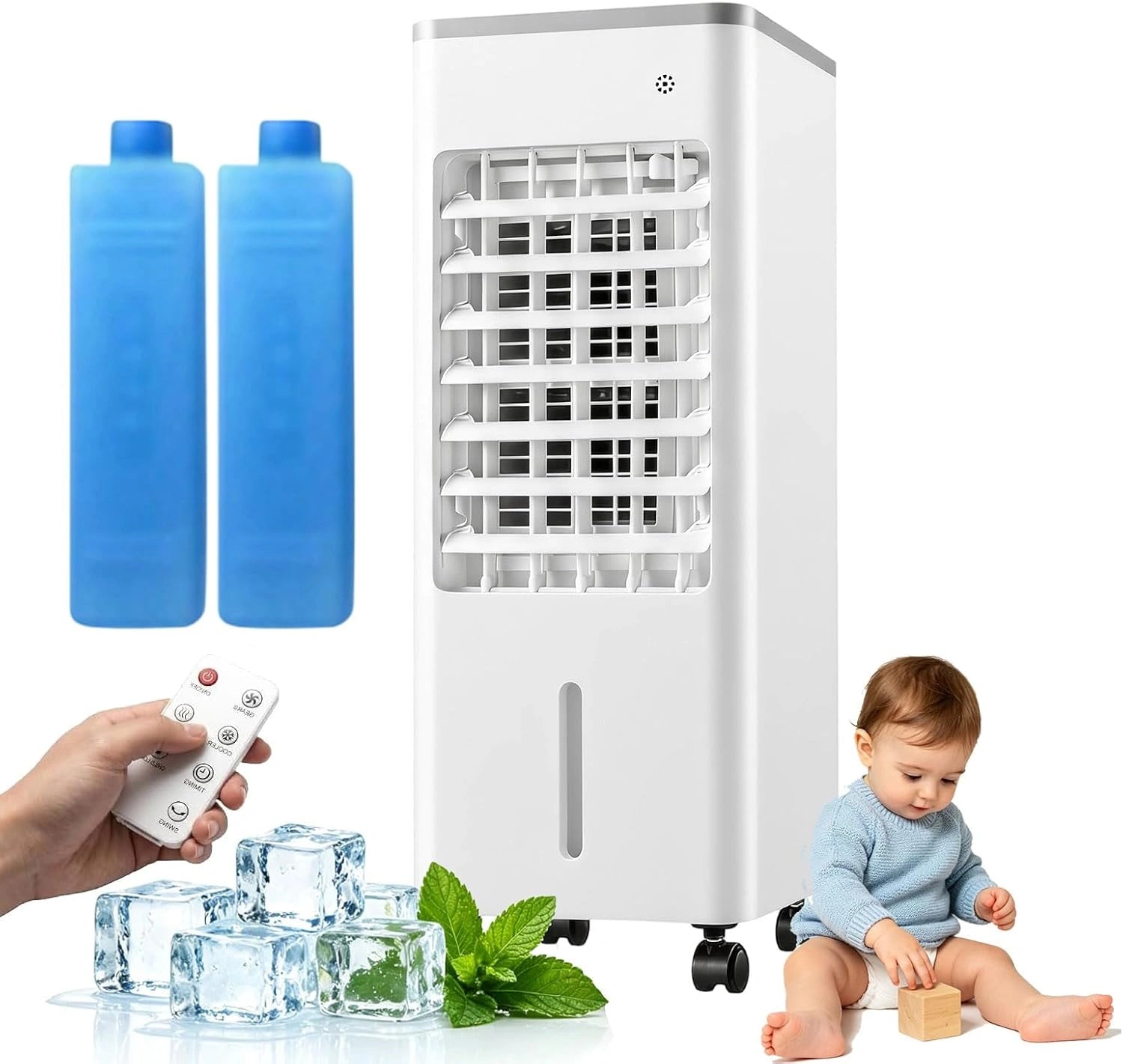 Rafraîchisseur d'Air Évaporatif 4 en 1, Réservoir 6 L, 3 Vitesses, 3 Modes, Oscillation 120°, Minuterie 7,5 h, Télécommande