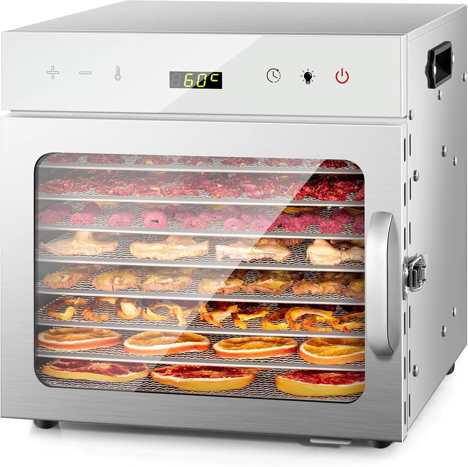 Kwasyo Deshydrateur Alimentaire en acier inoxydable, 8 Plateaux, régulateur de température de 30 à 90 °C, fonction minuterie de 24 h, sans BPA