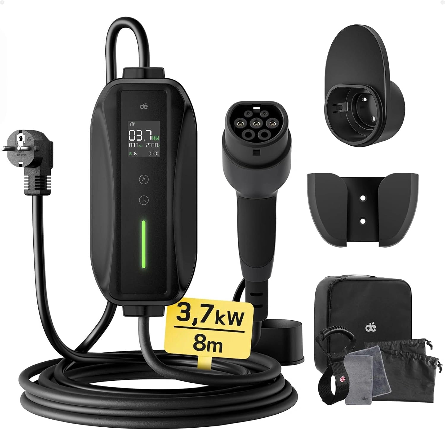 dé Chargeur Voiture Electrique Type 2 3,7 kW 8 m avec Écran LCD, IP66, Câble recharge voiture électrique Type 2, réglable 6-16 A