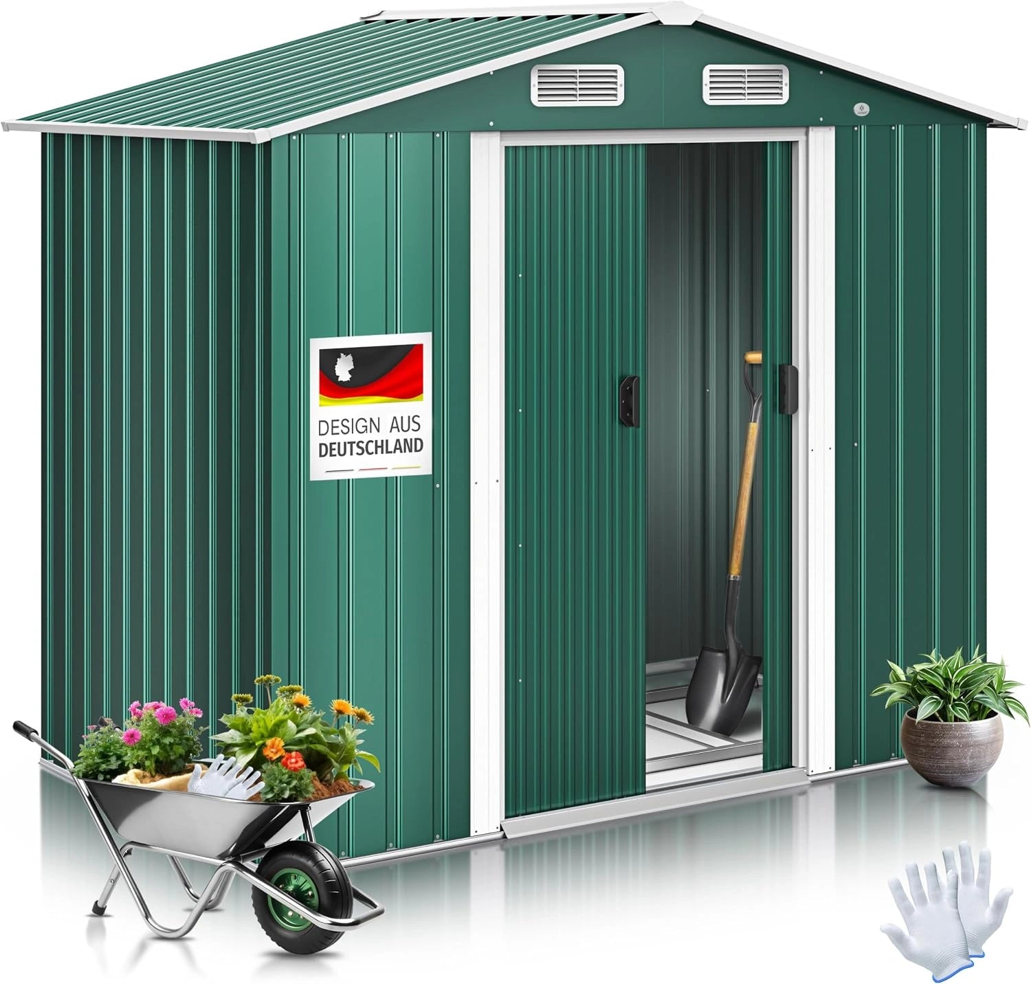 KESSER Abri de Jardin XL en métal de 4,2 m³ avec Fondation, Toit à Pente de Jardin Vert, 182 x 118 x 186 cm, 2 Portes coulissantes, Gants de Travail
