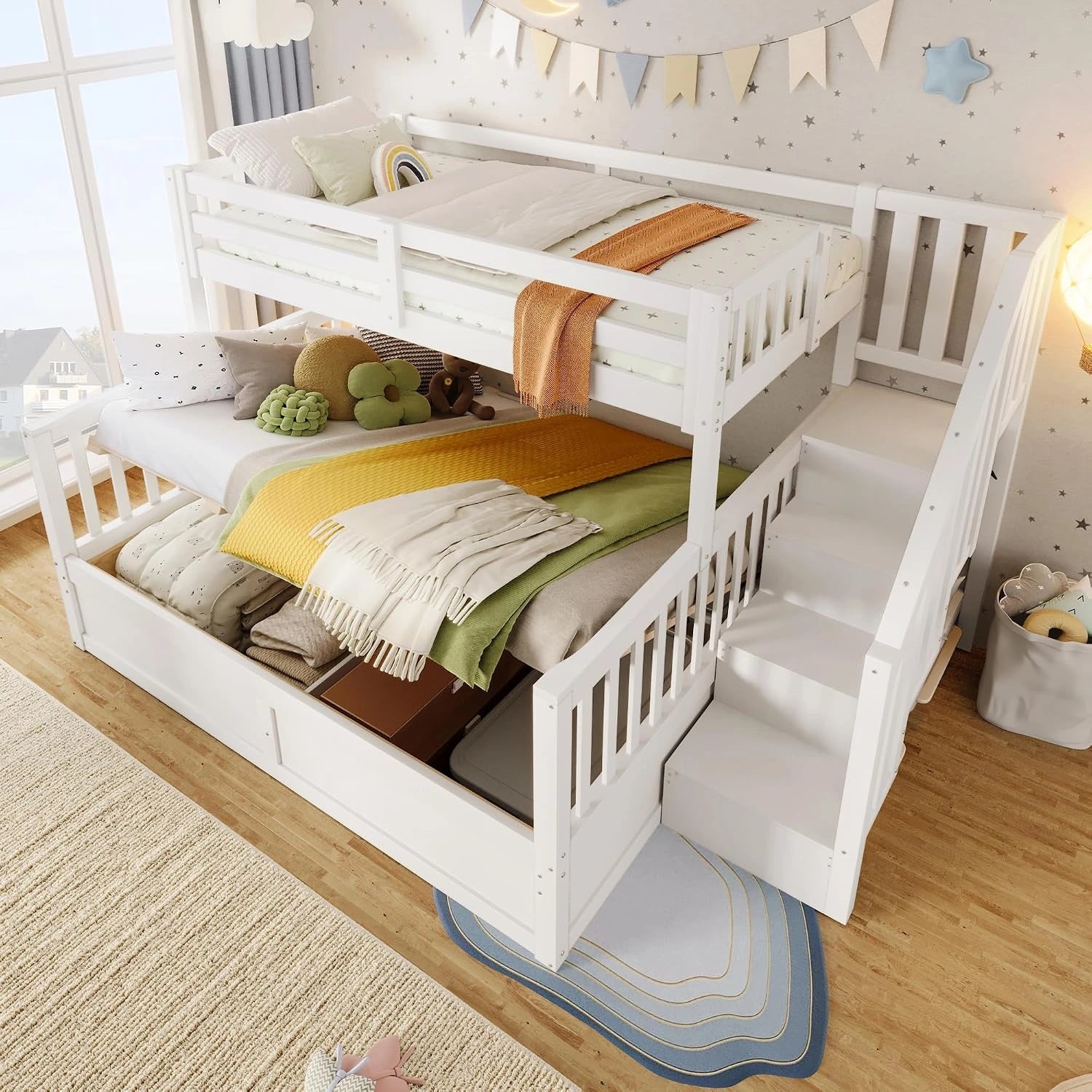Sapgaks Lit superposé Enfant 90 x 200 cm + 140 x 200 cm avec échelle de Rangement, Blanc, Espace de Rangement hydraulique, lit Double