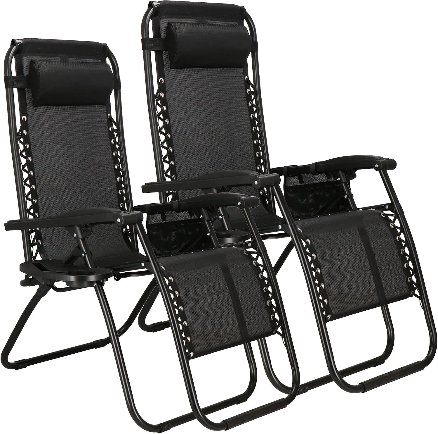 SPRINGOS Lot de 2 Chaises Longues Pliantes avec Appui-Tête, Robuste Jusqu'à 120 kg, Transat de Jardin avec Porte-Gobelet, Poche Latérale et Accoudoirs