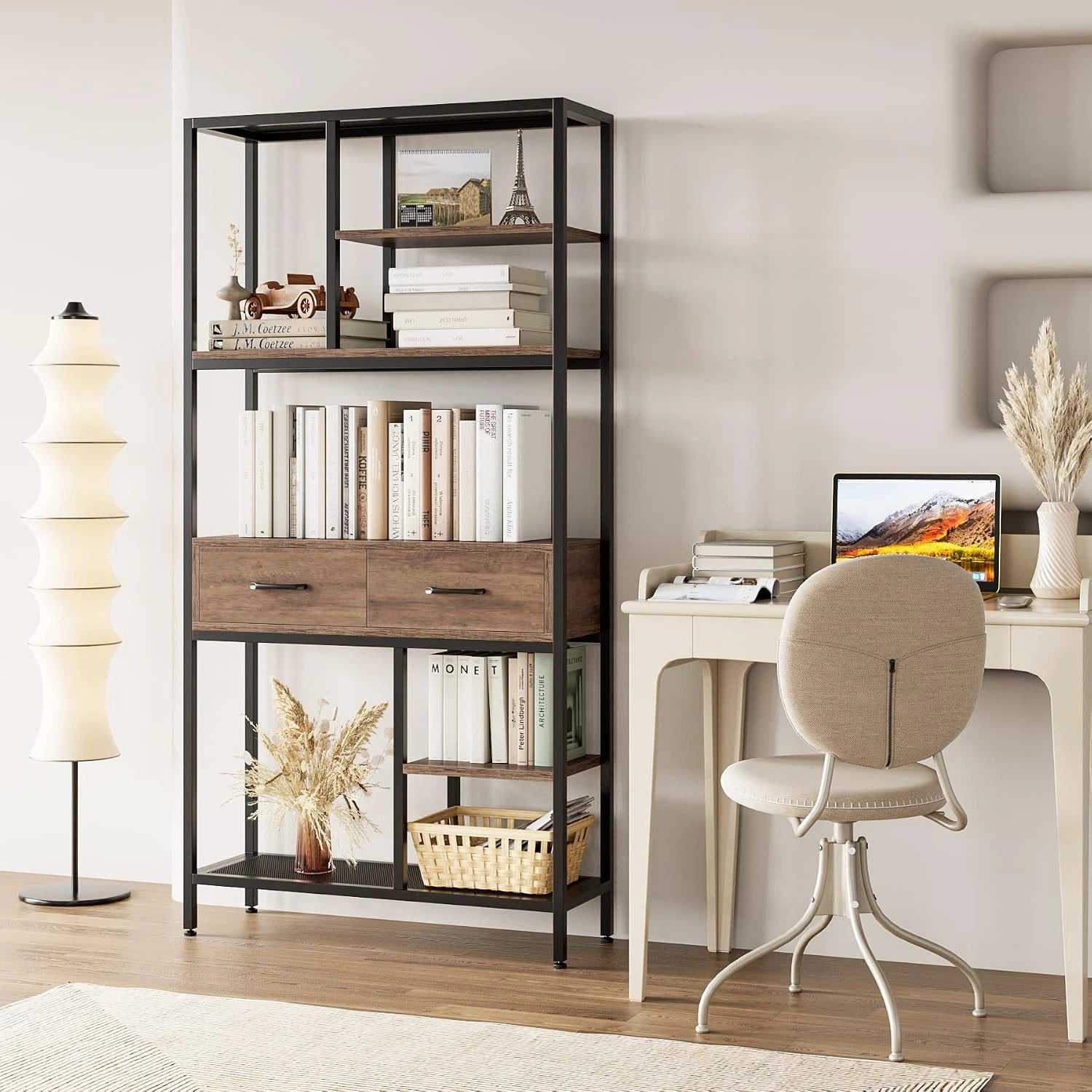 HOCSOK Bibliothèque Étagère de Rangement à 5 Niveaux avec 2 Tiroirs