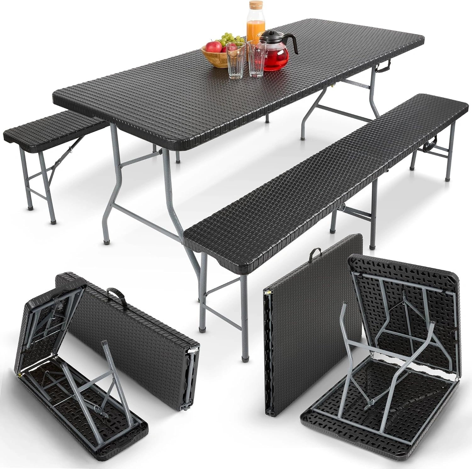AREBOS Ensemble Table et bancs de Brasserie 3 pièces, Design rotin - Noir, Pliables avec poignée, Table de Camping, pour intérieur et extérieur
