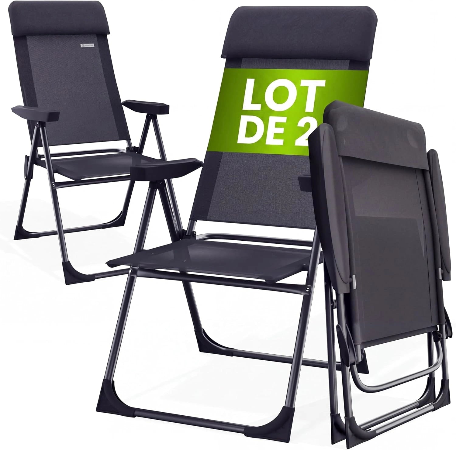 Casaria Lot de 2X Chaises de Jardin Pliantes en Aluminium Anthracite, 6 Positions, Dossier Réglable, avec Accoudoirs, Plage et Piscine, Balcon