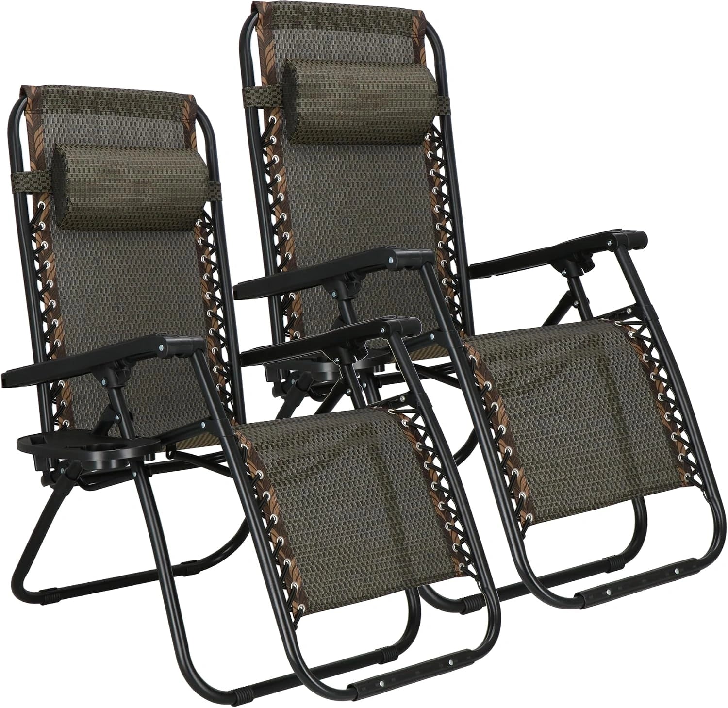 SPRINGOS Lot de 2 Chaises Longues Pliantes avec Appui-Tête, Transat de Jardin avec Accoudoirs, Porte-Gobelet et Poche Suspendue, Balcon et Plage