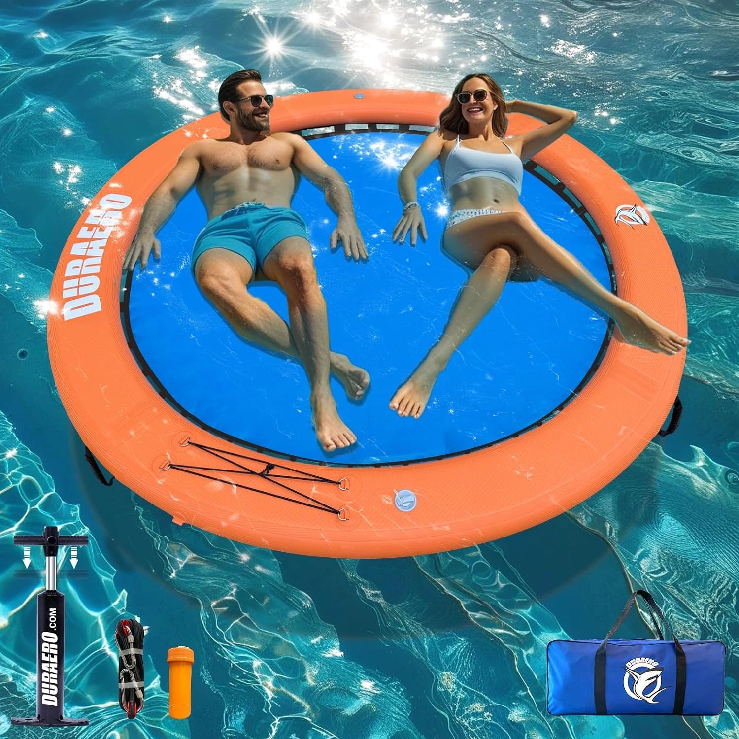 Hamac Gonflable d'Eau Ø185 x 10 cm, îlot Flottant pour 2–3 Personnes, Grande bouée Ronde Piscine et lac, transat Aquatique, Pompe et Accessoires