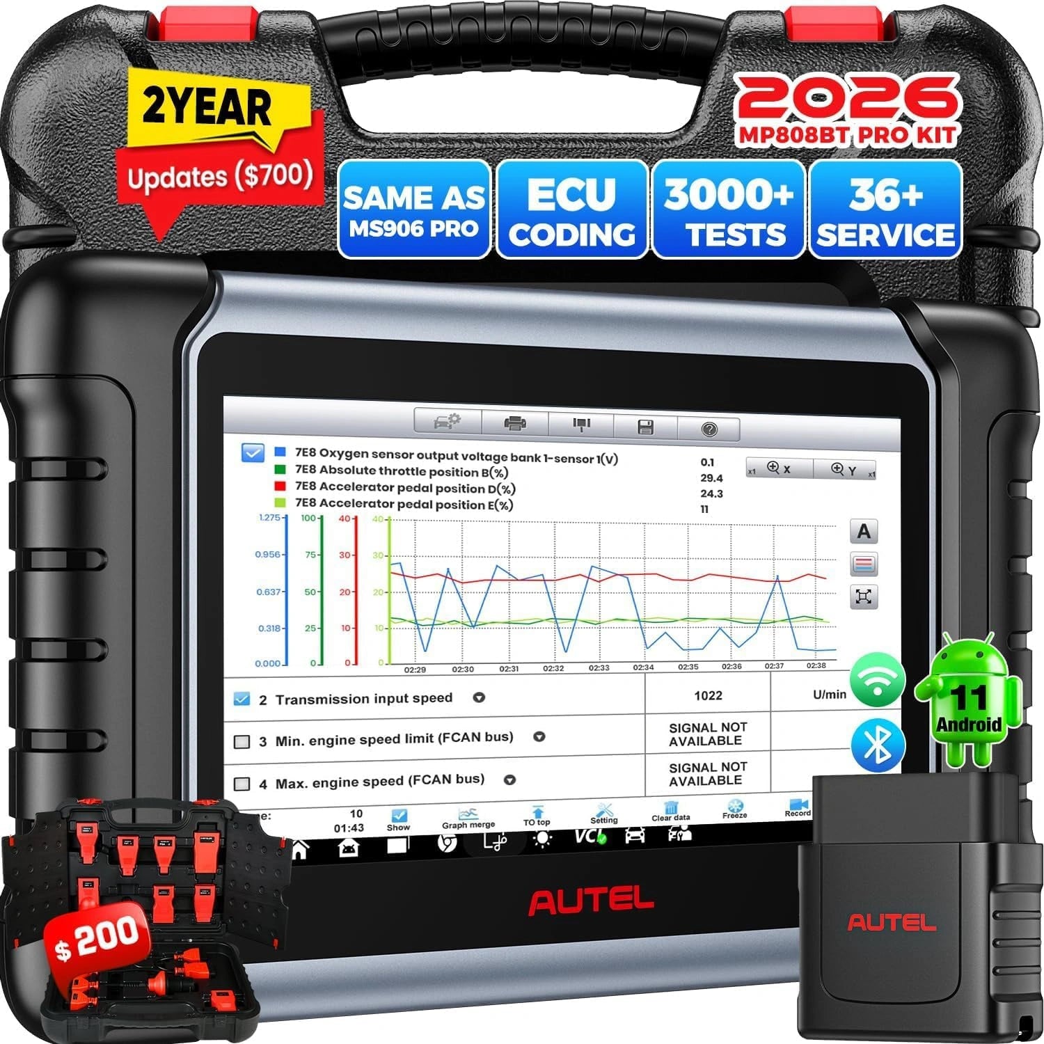 Autel MaxiPRO MP808BT Pro KIT Diagnostic Auto, 2 Ans de Mises à Jour [700 €], Ver du MP900BT, Adaptateurs de 200 €, 3K+ Tests, Services