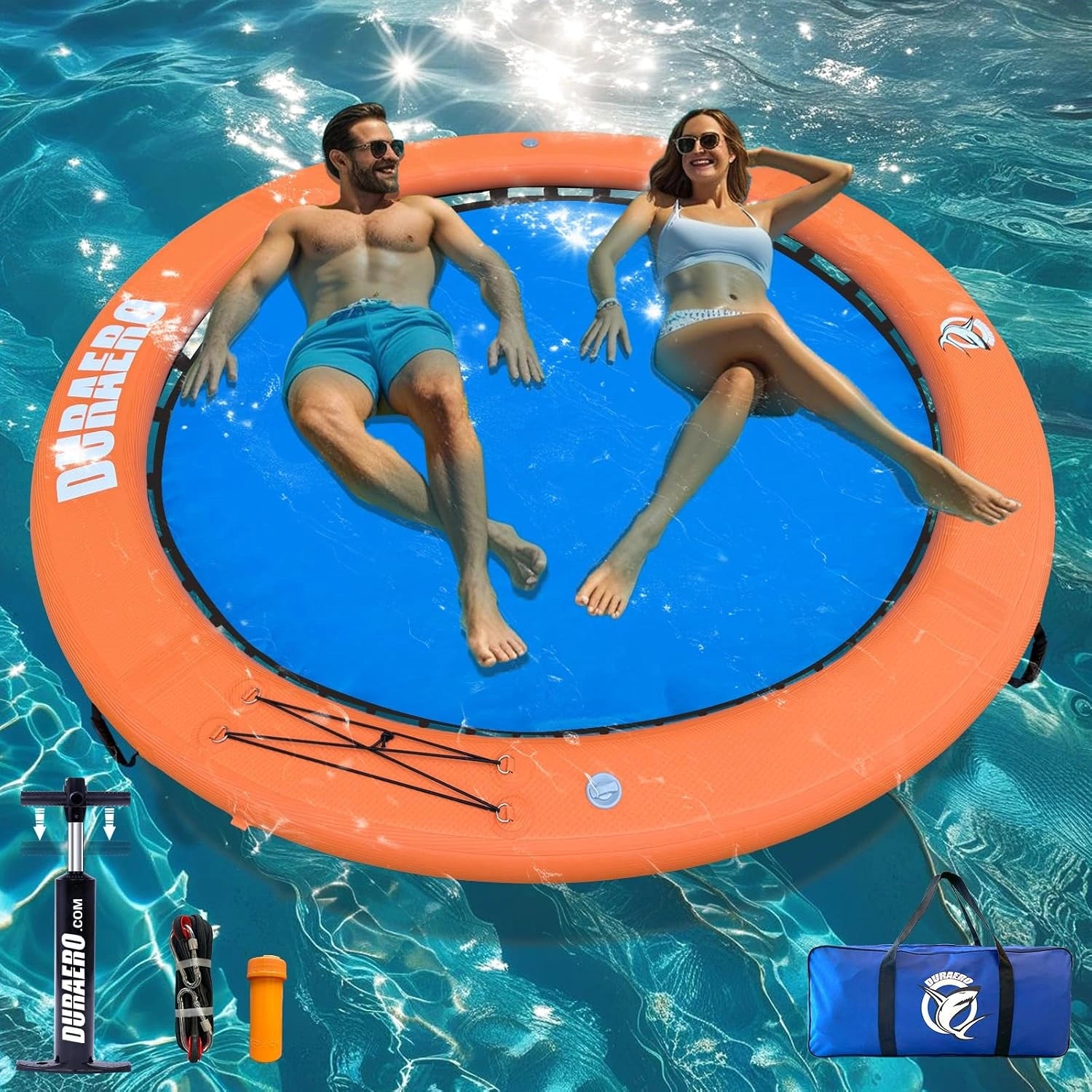 Hamac Gonflable d'Eau Ø245 x 10 cm, îlot Flottant pour 2–6 Personnes, Grande bouée Ronde Piscine et lac, transat Aquatique, Pompe et Accessoires