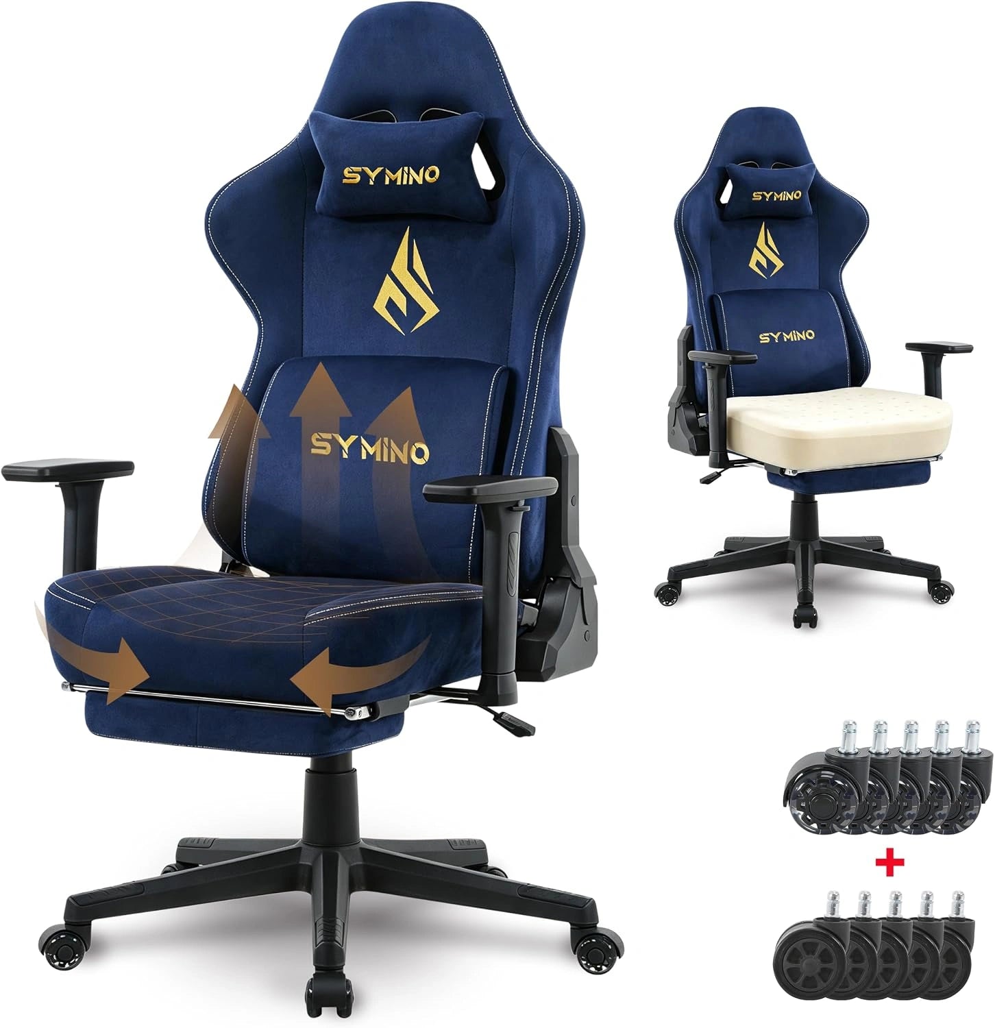 Symino Chaise Gamer XL, Bleu Foncé), Inclinaison 175°, 300kg, Siège Large Mousse+Latex, Support Lombaire et Tête, Roues Silencieuses (Faux Daim