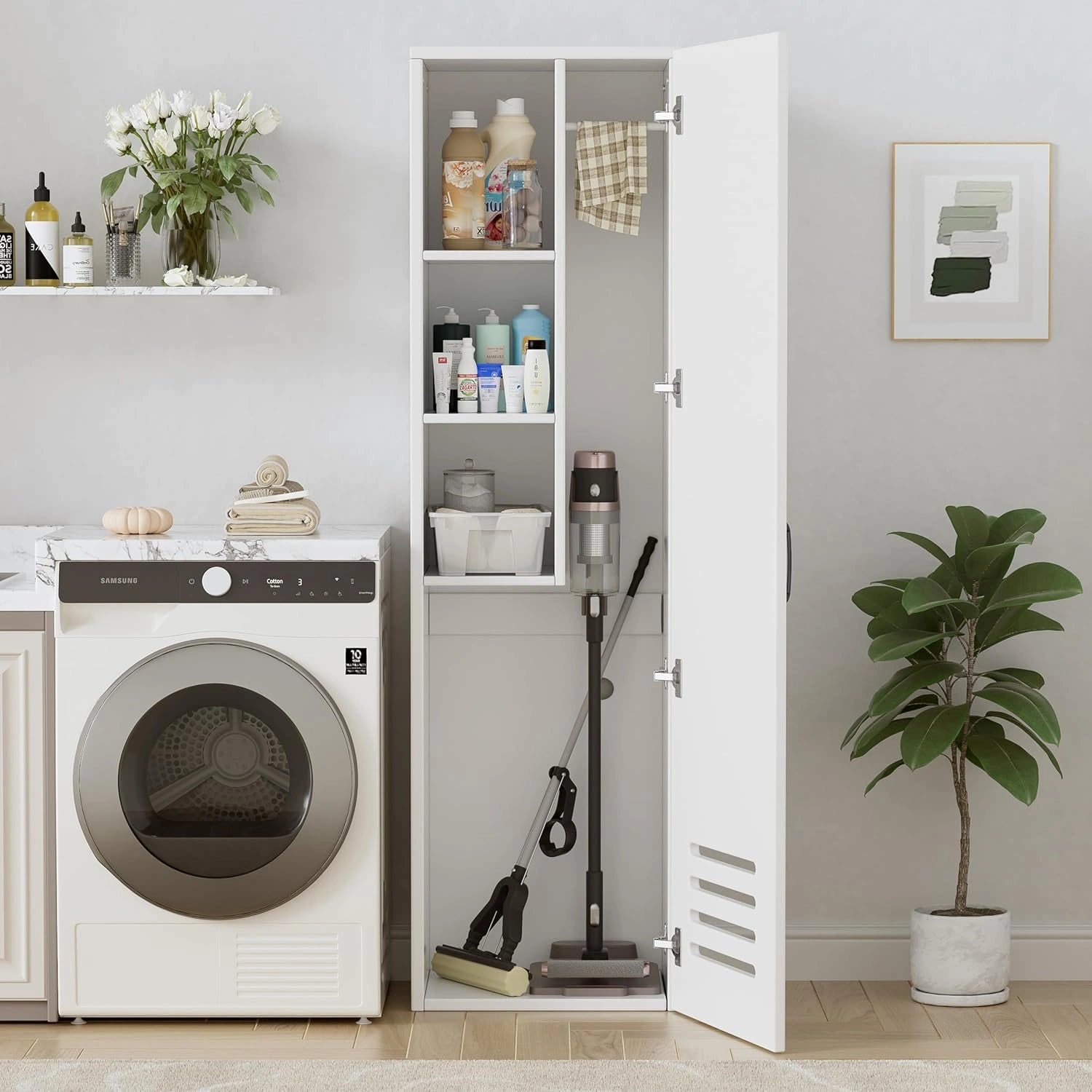 MSFE Armoire de Nettoyage Placard à Balai Meuble Rangement, Blanc, 40 cm de Large, 160 * 40 * 30 cm, Bois Meuble de Rangement Produit d'entretien
