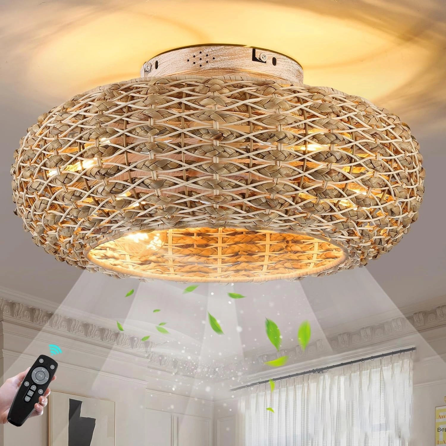 Ventilateurs Plafond Avec lampe silencieux E27 Rétro Fan Plafonnier avec Télécommande et application Lustre cage en Rotin Naturel Tissé lampe
