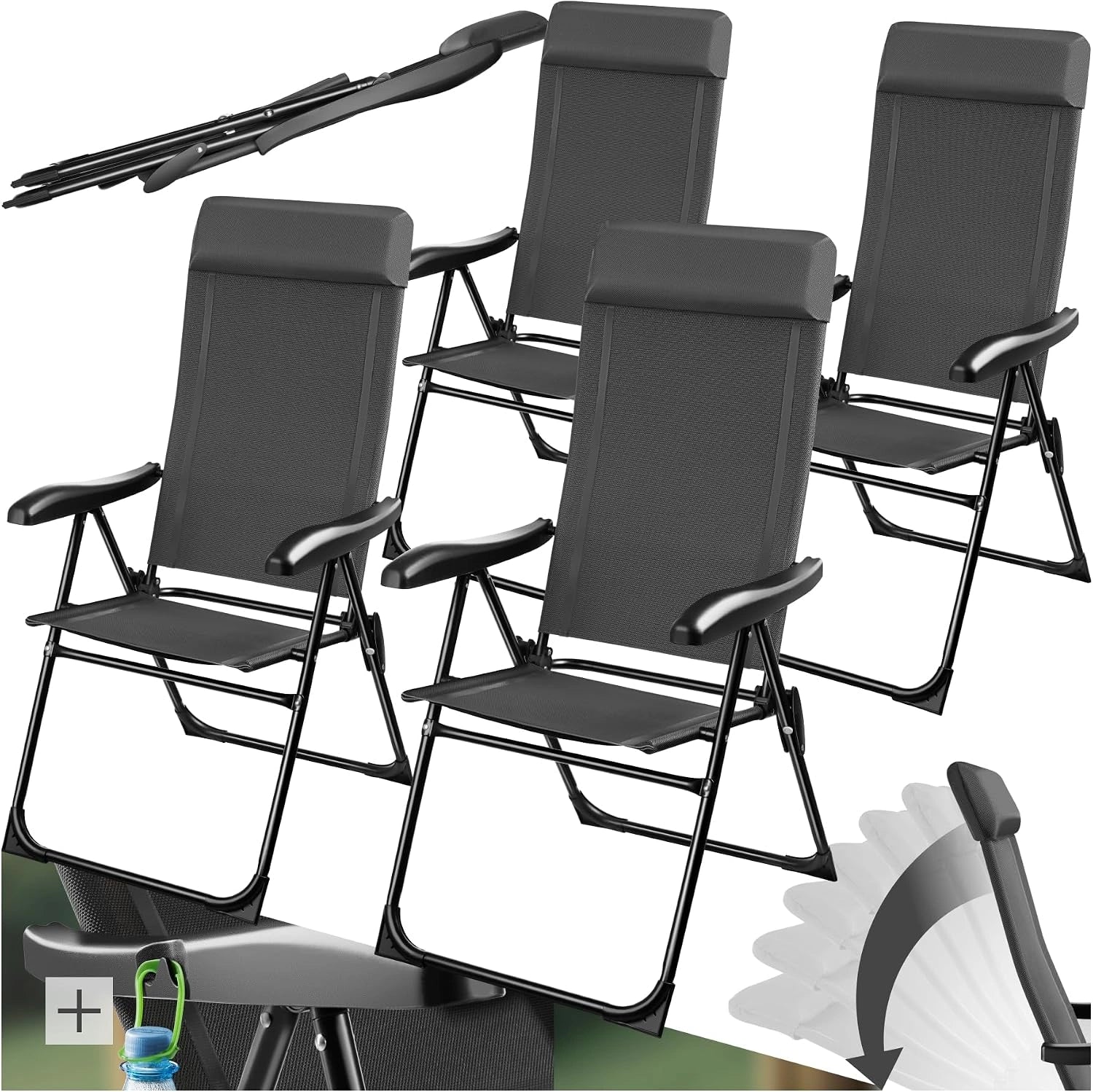 tectake Lot de 4 Chaise Pliante Camping Fauteuil Pliable Gris Chaise de Plage Ultra léger en Aluminium avec Dossier inclinable et appuie-tête, Pêche