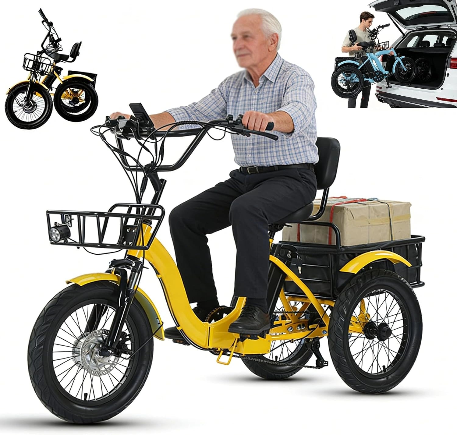 Tricycle électrique Pliable pour Adulte, 48 v 13 Ah, Pneu Large 18' X 3,0, Autonomie De 44 Km, Avec Phare LED Et Klaxon, Paniers Avant Et Arrière
