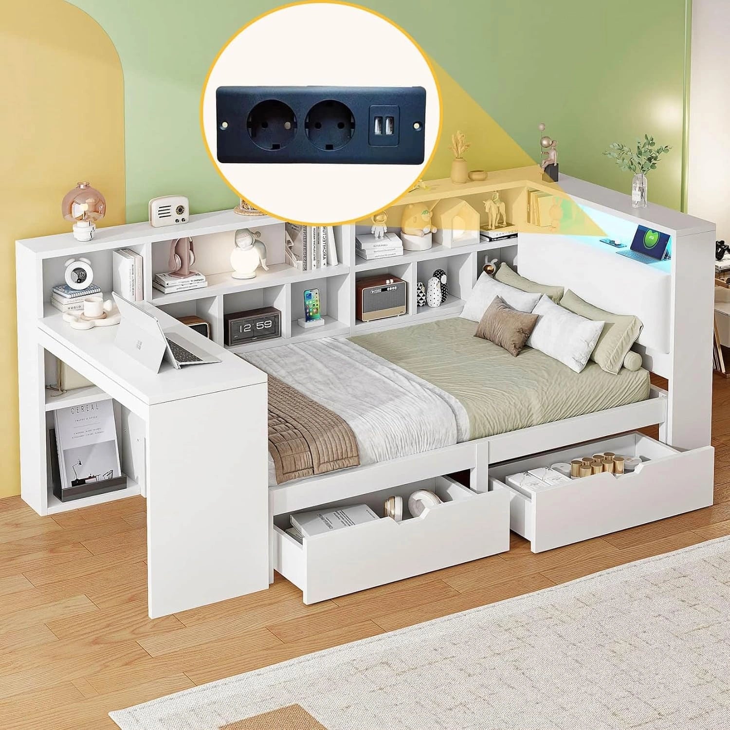 PUGSDRLY Lit 1 Place 90x200 cm avec Bureau et Compartiment de Rangement, Blanc, Canapé Lit avec 2 Tiroirs et éclairage LED, Prise électrique