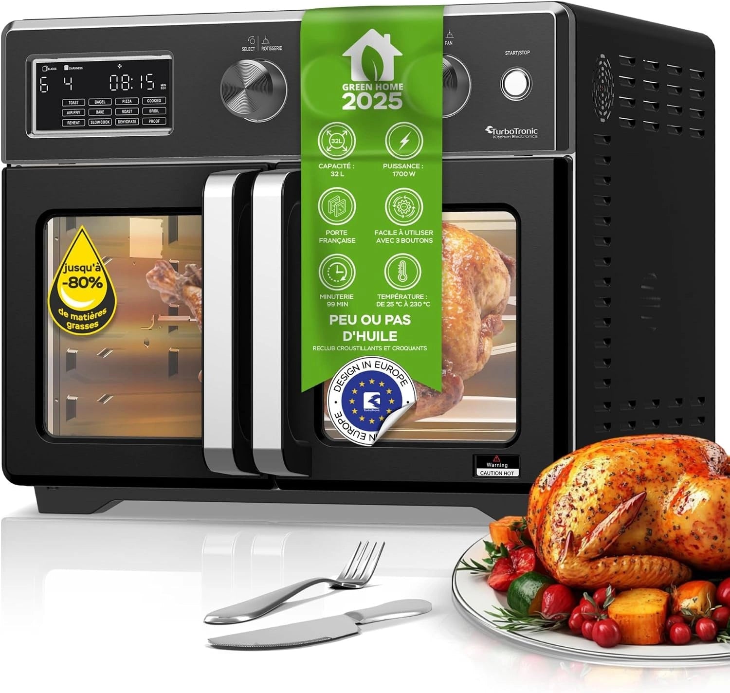 TurboTronic Mini four, four à air chaud 4 en 1 et friteuse à air chaud, version XXL 32 L, déshydrateur à partir de 25 °C et grill, plaque de cuisson
