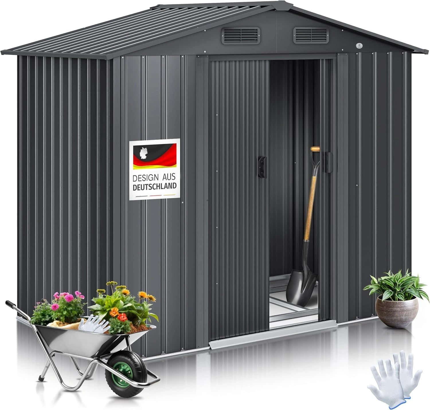 KESSER Abri de Jardin XL en métal de 4,2 m³ avec Fondation, 182 x 118 x 186 cm, 2 Portes coulissantes, Gants de Travail, Abri à Outils, Toit à pignon