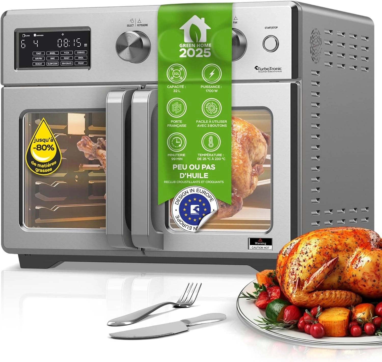 TurboTronic Mini four, four à air chaud 4 en 1 et friteuse à air chaud, version XXL 32 L, déshydrateur à partir de 25 °C et grill, plaque de cuisson