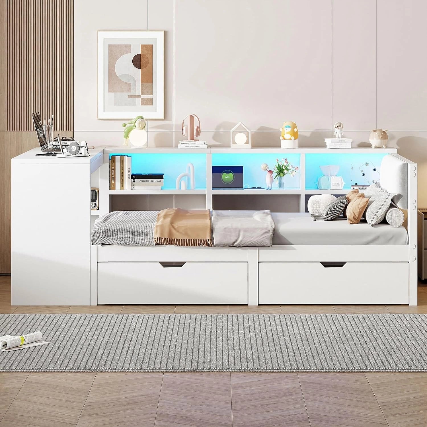 PUGSDRLY Lit 1 Place 90x200 cm avec Bureau et Compartiment de Rangement, Blanc, Canapé Lit avec 2 Tiroirs et éclairage LED, Prise électrique