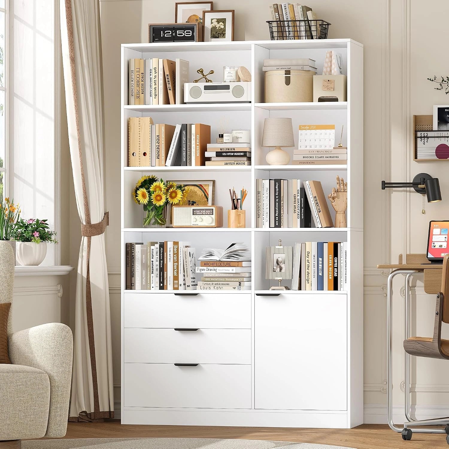 HOCSOK Bibliotheque Meuble de Rangement, Blanc, Étagère à 7 Niveaux, 3 Tiroirs, Bibliothèque avec Étagères Réglables et 1 Porte, 28,5×103×180,5 cm