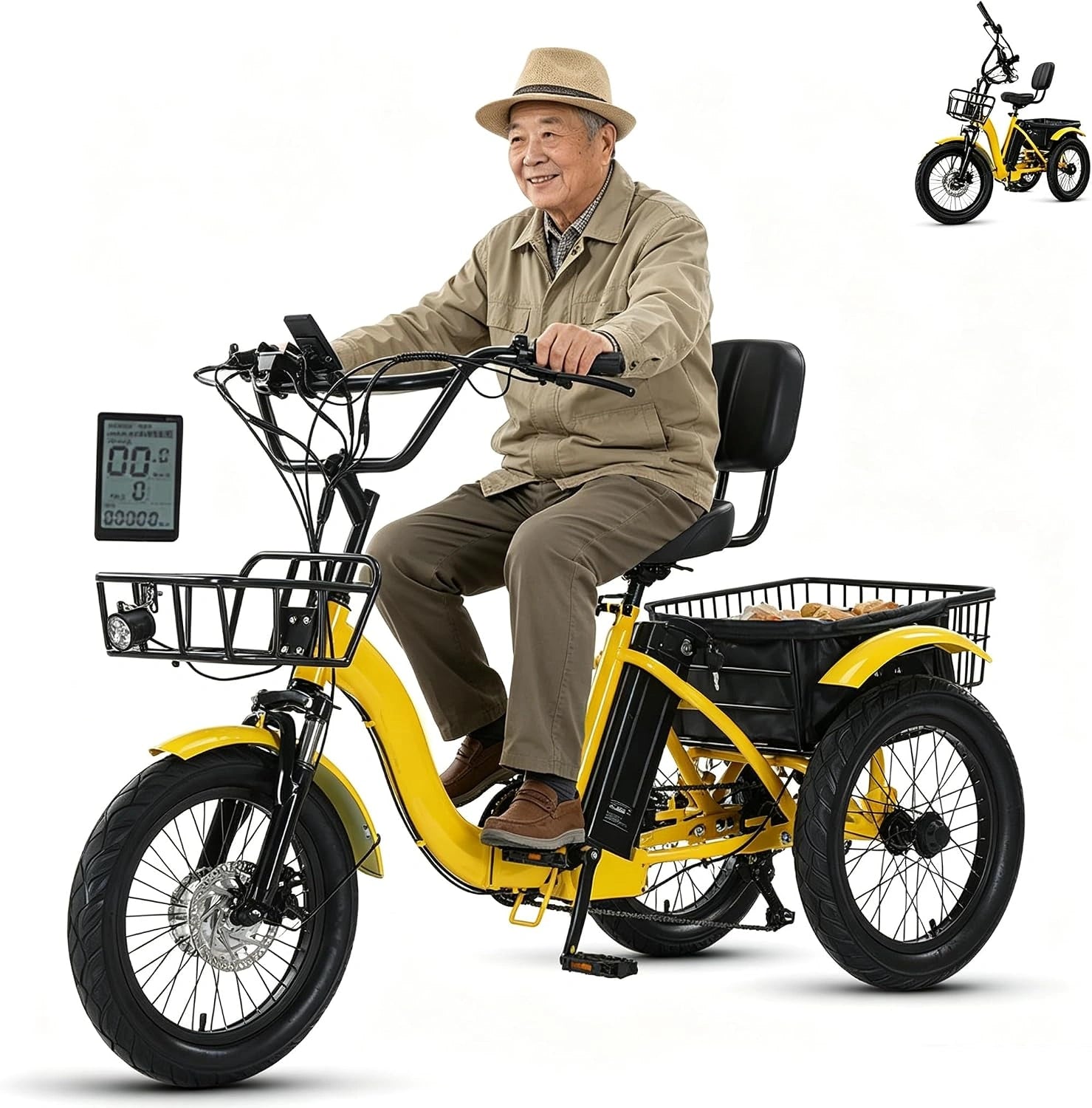 Tricycle électrique Pliable pour Adulte, 48 v 13 Ah, Pneu Large 18' X 3,0, Autonomie De 44 Km, Avec Phare LED Et Klaxon, Paniers Avant Et Arrière