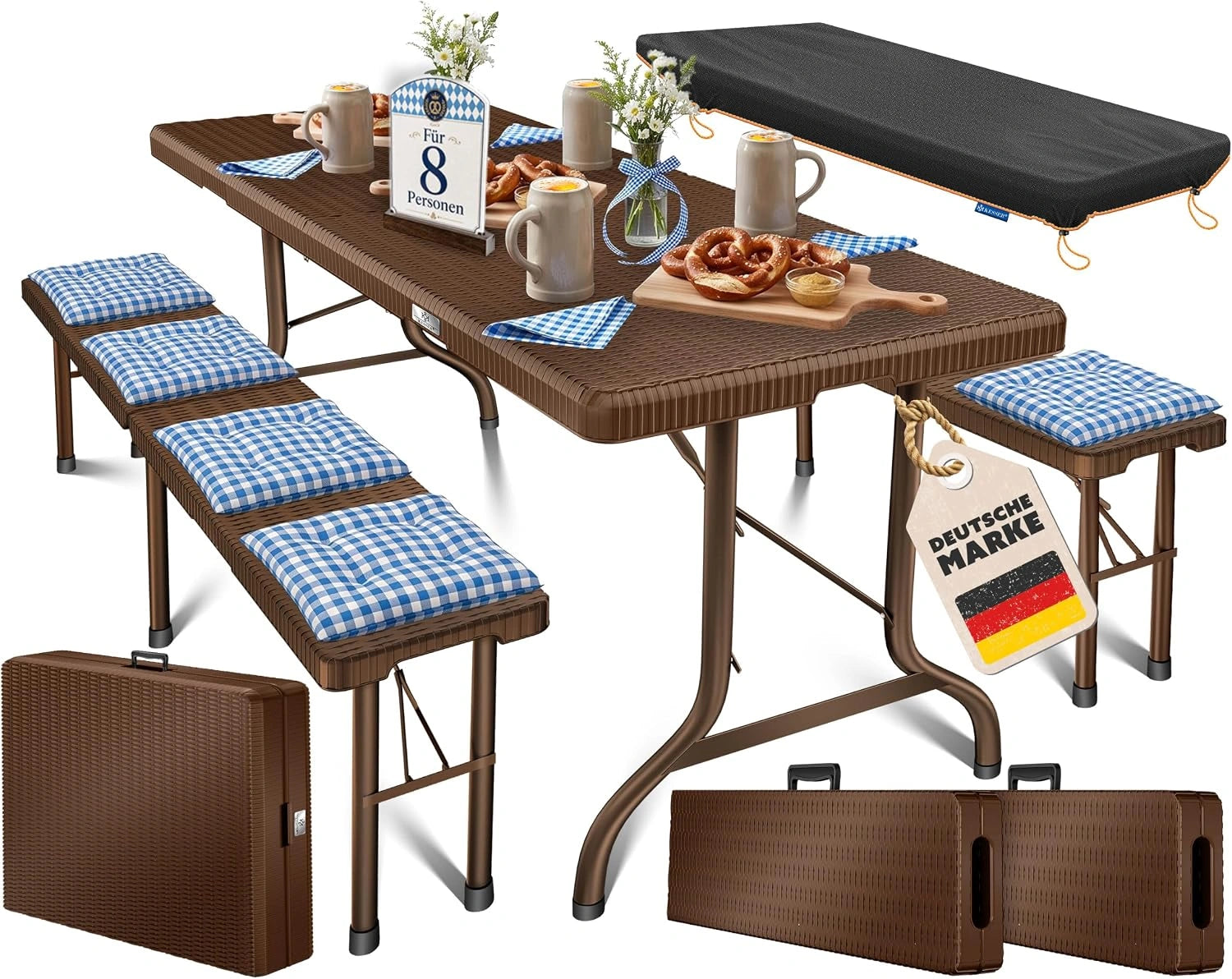 KESSER Ensemble de Tente à bière, Set de 3 pièces: Table + 2 bancs, avec poignées de Transport, Aspect rotin, Meubles de Jardin, Pliable, Plastique