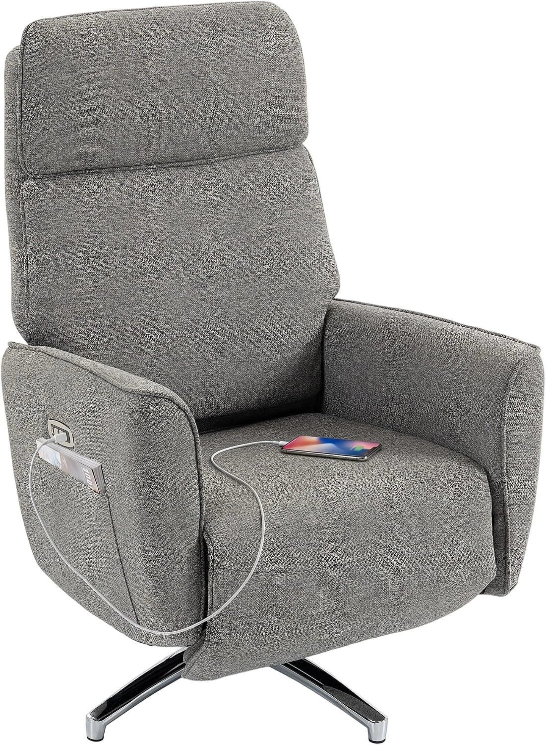 HOMCOM Fauteuil Relax Électrique Pivotant 360° Appui-Tête Réglable Gris, 2 Moteurs, Ports USB, Fauteuil Inclinable en Lin, Repose-Pieds, Chambre