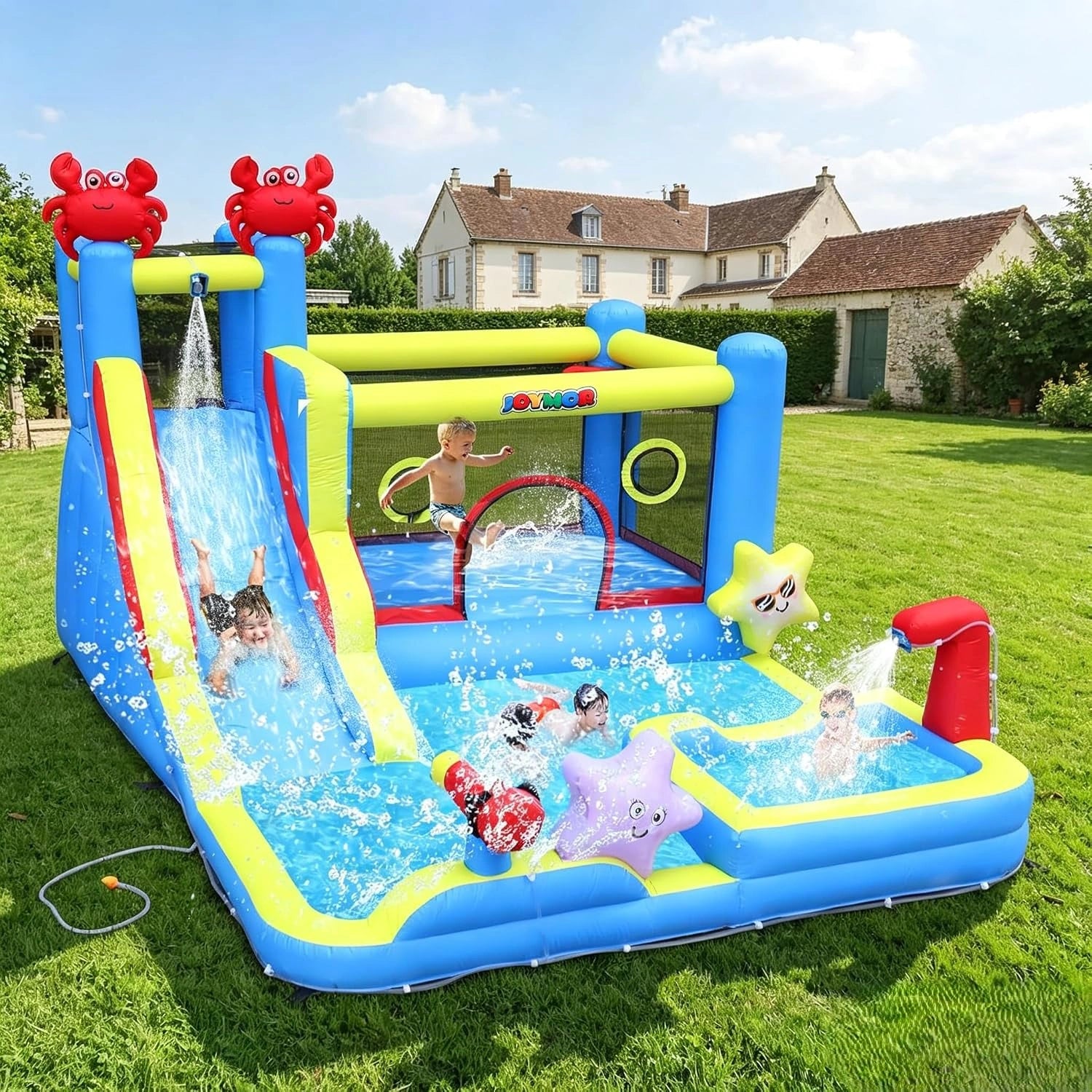 Bonnlo Chateau Gonflable avec Piscine, Aire de Jeux Gonflable 375 x292 x230 cm pour Jardin Extérieur, Toboggan Aquatique, Thème Océanique, Ventilateur