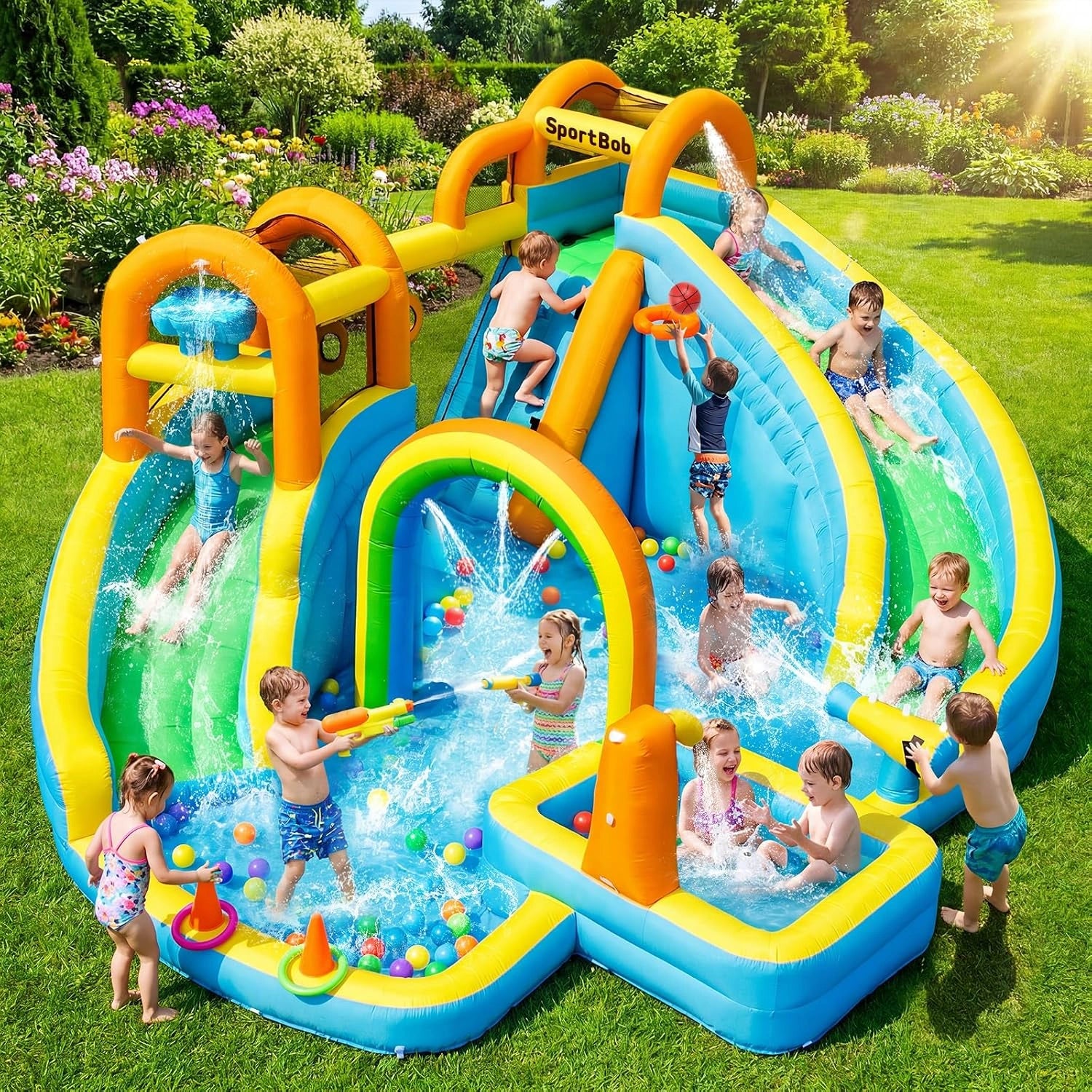Chateau Gonflable avec Toboggan Double, Parc Aquatique Gonflable avec Piscine d'Éclaboussures, en Extérieur et en Intérieur, pour Le Jardin