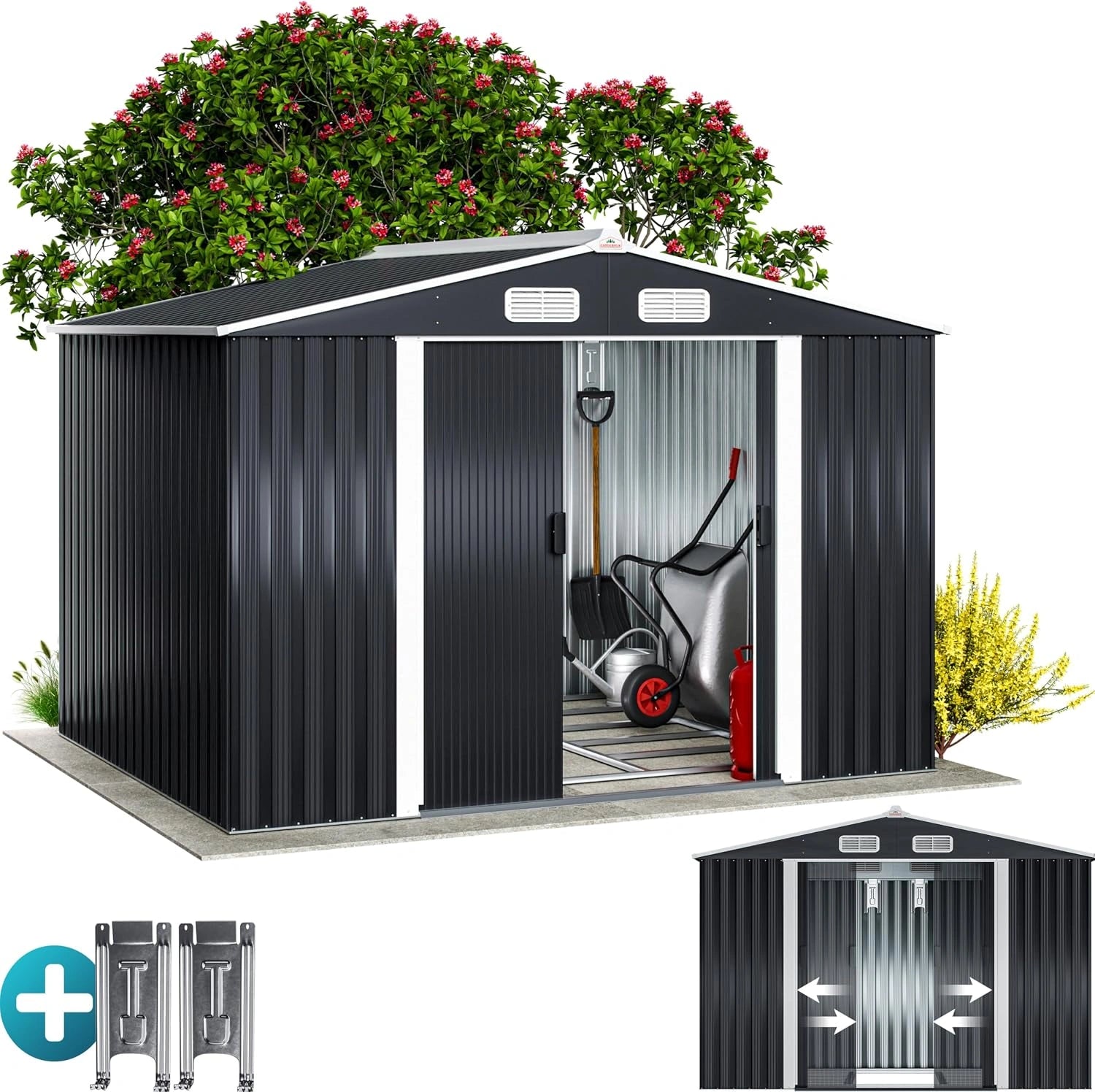 GARDEBRUK Abri de Jardin métal XXL Anthracite, 257x205x177,5 cm, 5 m2, 9 m3, porte coulissante, cabane de jardin, cabanon rangement, fondation